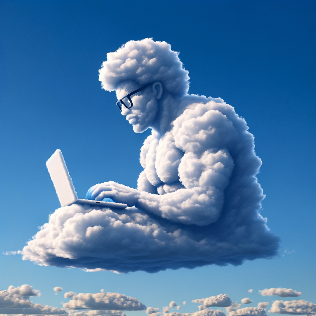 Personne faite de nuages, avec des lunettes, utilisant un ordinateur portable dans le ciel