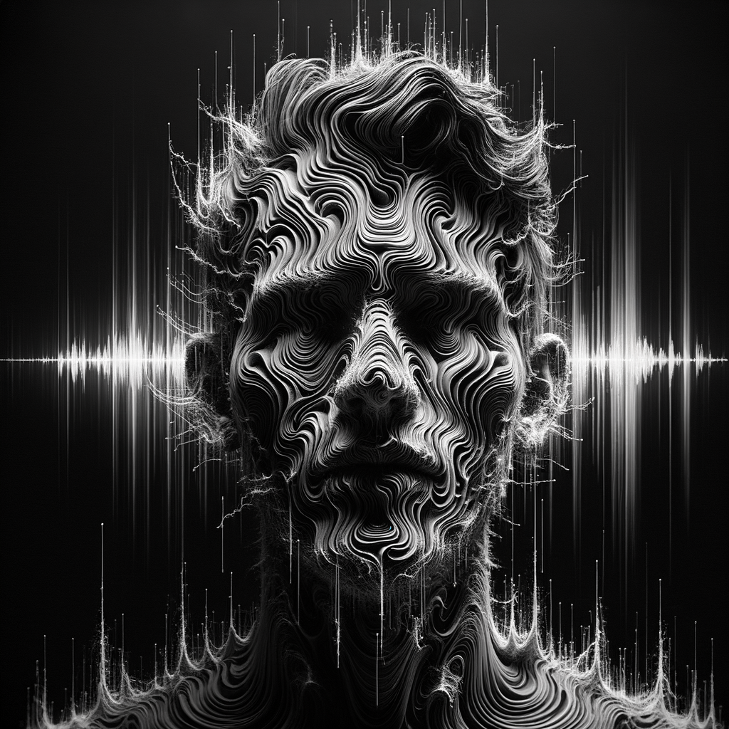 Visage masculin abstrait formé de lignes ondulantes avec fond d'ondes acoustiques