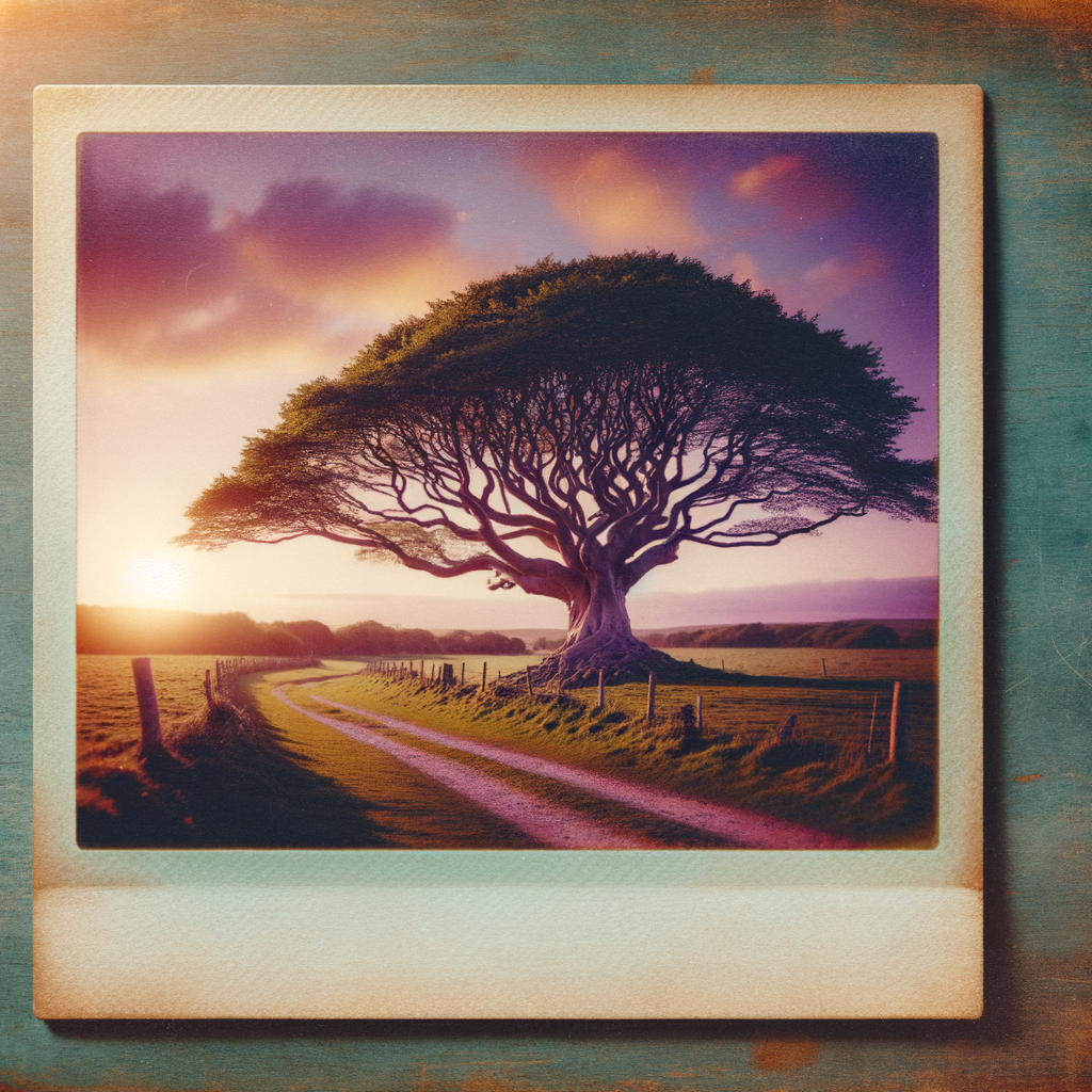 Paysage pastoral dans un cadre Polaroid, arbre majestueux sur fond de coucher de soleil flamboyant