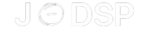 Logo J-DSP en noir et blanc avec typographie audacieuse et cercle stylisé pour un effet sonore